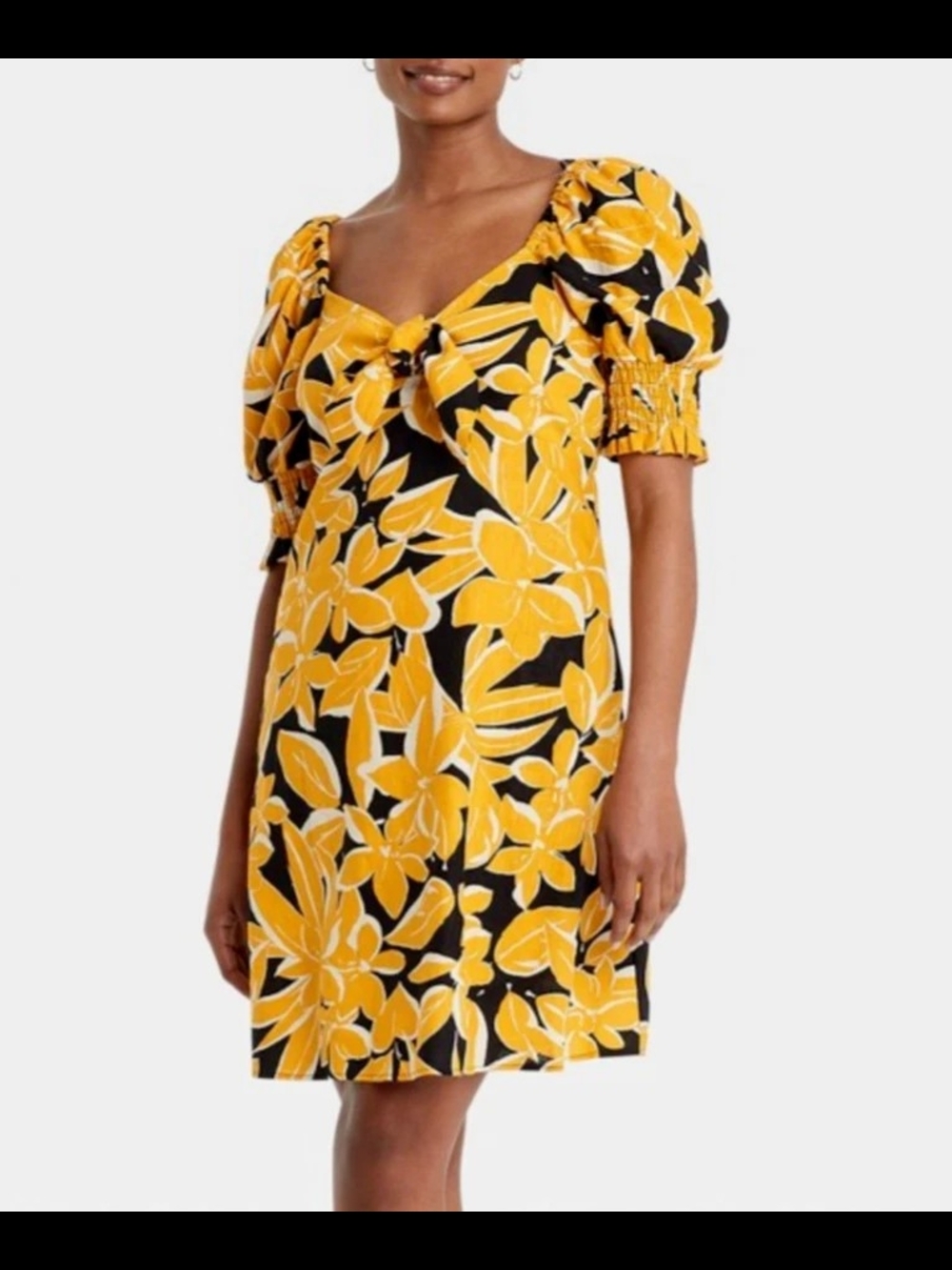 Who What Wear Yellow & Black Floral Puff-Sleeve Midi Dress